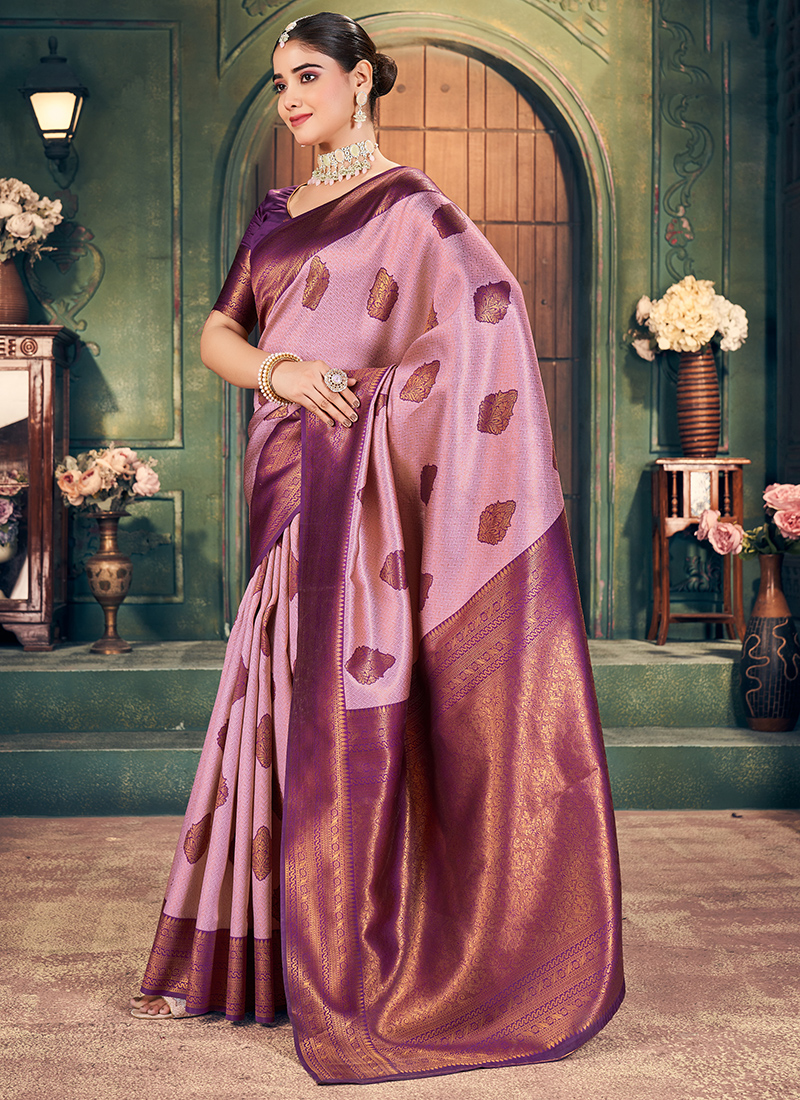 Women pink silk weaving wedding wear saree